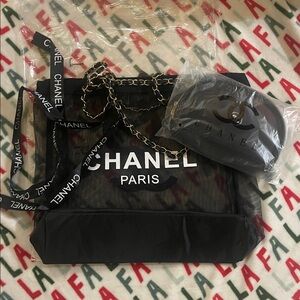 CHANEL Black Mesh Shoulder Tote Bag  VIP Gift With Silver Chain & Pouch